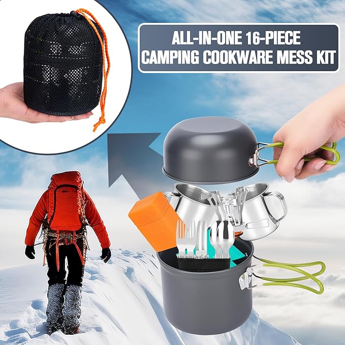Camping Cookware Set, 16pcs Lightweight Backpacking Mess Kit with Camping Pots and Pans, 2 Cups, Fork Spoon, Survival Cooking Kit for Outdoor Hiking and Picnic