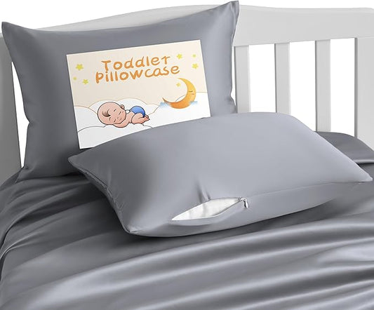 NTBAY Zippered Silk Satin Toddler Pillowcases - 2 Pack Hidden Zipper 13x18 Pillowcases - Luxury and Silky Baby Travel Pillow Covers, Silver Grey