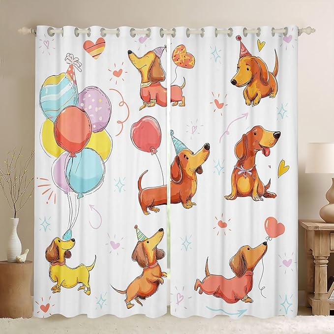 Dachshund Cute Dog Window Curtain | Holiday Party Window Treatment Curtain,Teens Woman Men Colorful Balloon Bedroom Curtains Kids Cartoon Living Room Decor Top 2 Panels,52Wx96L