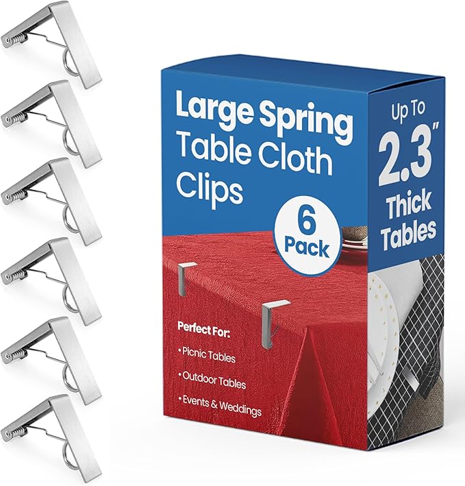 6 Pcs Picnic Tablecloth Clips for Outdoor Tables - Stainless Steel Clamps, Fits 2.3" Thick Tables, Metal Holders for Dining Table Cloth