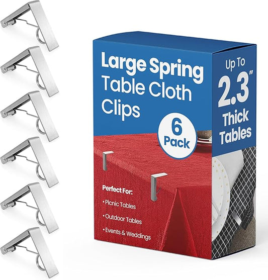 6 Pcs Picnic Tablecloth Clips for Outdoor Tables - Stainless Steel Clamps, Fits 2.3" Thick Tables, Metal Holders for Dining Table Cloth