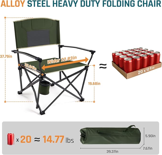 Folding Camping Chairs for Adults Heavy Duty Plus Size Camping Chairs 400 lb Steel Frame Metal Arm Lawn Chairs with Swivel Cup Holder, Extra Large Camp Chair for Outdoor Sports, Green (2 Pack)