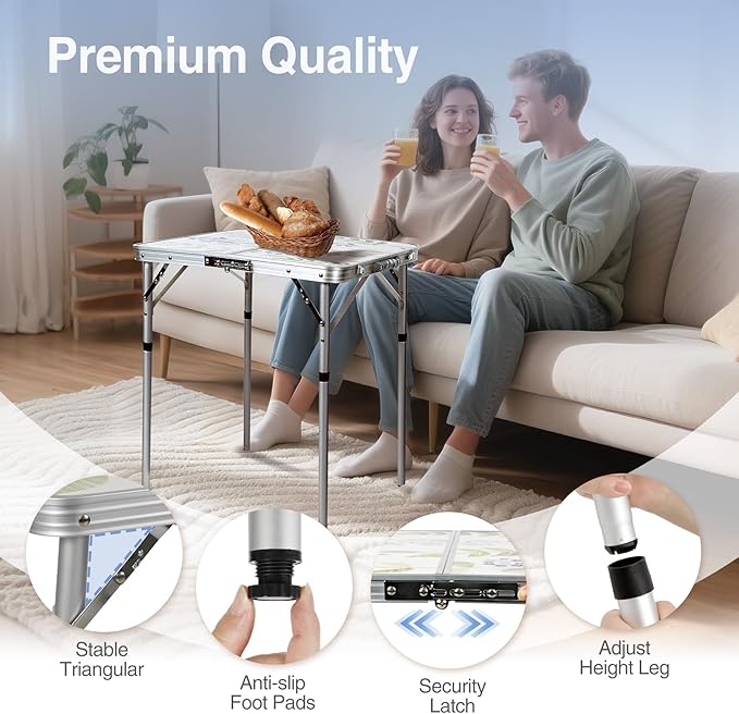 RedSwing Square Camping Table 2ft Portable Pinic Table Adjustable Height Small Card Table Aluminum Foldable Lightweight with Carry Handle for Outdoor Indoor Hiking Camp BBQ Beach