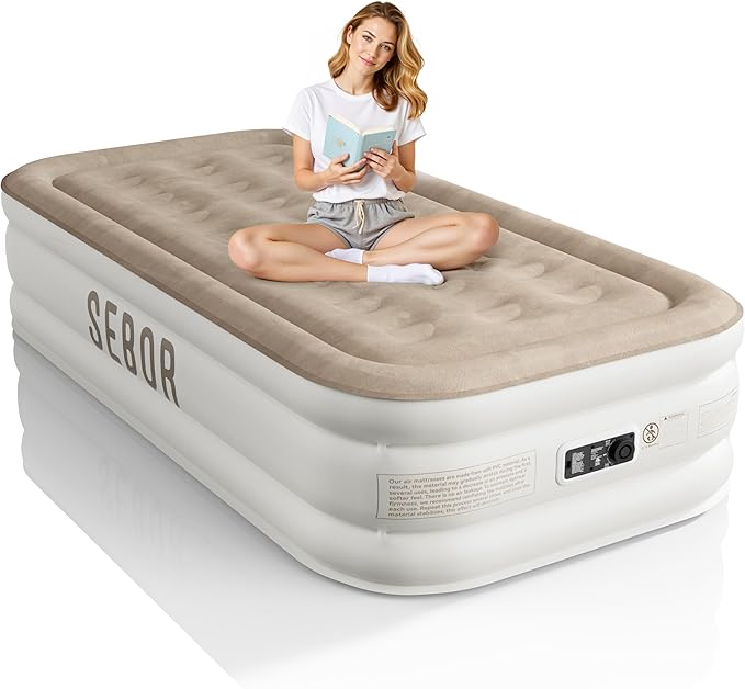 Sebor Air Mattress Twin with Built-in Pump 18", Comfortable Self-Inflating Air Mattress with High-Speed Pump, Durable Blow Up Mattress Twin with Storage Bag for Guests, Camping, Travel
