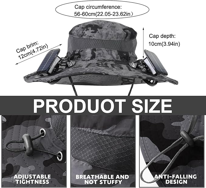 Outdoor Wide Brim Sun Hat with 2 Solar Powered Fan, Bucket Hat for Men Women, Fishing, Gardening & Beach Hat for Men