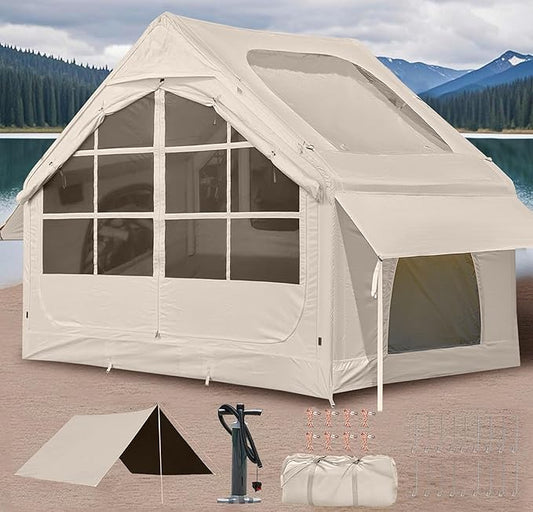 Inflatable Camping Tent,2/4/6/8 Person Glamping Inflatable Tents with Awning, Quick Setup Blow Up Tents with Pump, Waterproof Oxford Inflatable House for Camping, Air Glamping Hot Tents for Adult