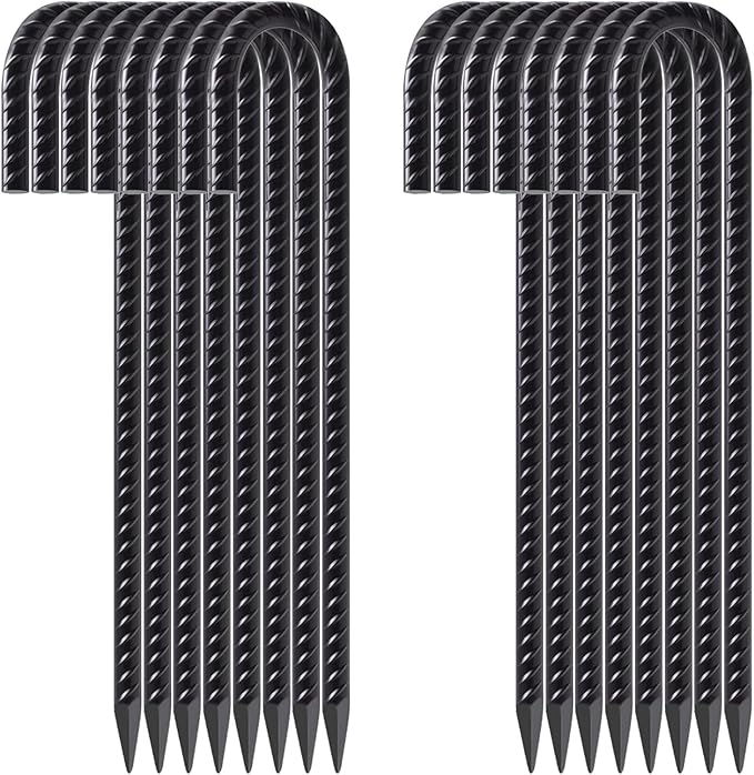 FEED GARDEN 12 Inch 16 Pack Rebar Stakes Heavy Duty J Hook, Galvanized Ground Stakes Tent Stakes Steel Ground Anchors, Chain Link Fence Stakes, Trampoline Stakes, Black