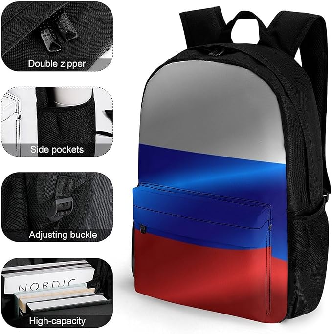 Men Women Lightweight Flag Of Russia Backpack Large Capacity Bookbag With Smooth Zippers for Gym Business Running
