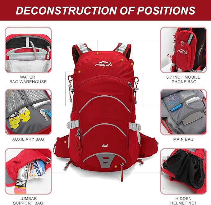 IX INOXTO 20L Hydration Backpack, Waterproof Hiking Internal Frame Backpacks with 2L Hydration Water Bladder and Rain Cover for Men, Lightweight Travel Daypack for Cycling,Camping,Ski (red)