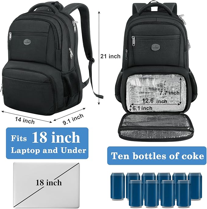MATEIN 18 Inch Backpack for Men, Extra Large Work Backpack with Lunch Compartment, Water Resistant Insulated Cooler Computer Bag, Sturdy Padded Carry On Laptop Daypack for College Travel