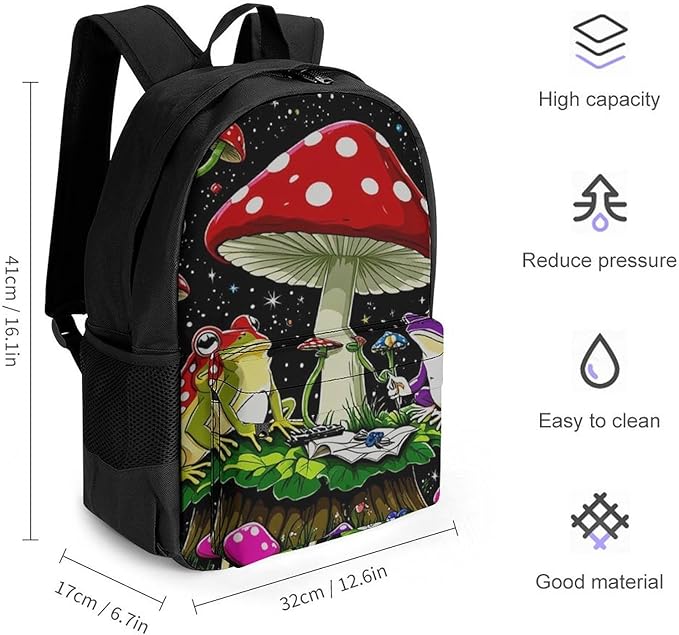 Rucksack Multipurpose Anti-Theft Big Capacity Shoulder Bag, Psychedelic Mushroom Trippy Magic Frog Art Travel Hiking Camping Rucksack With Side Pockets