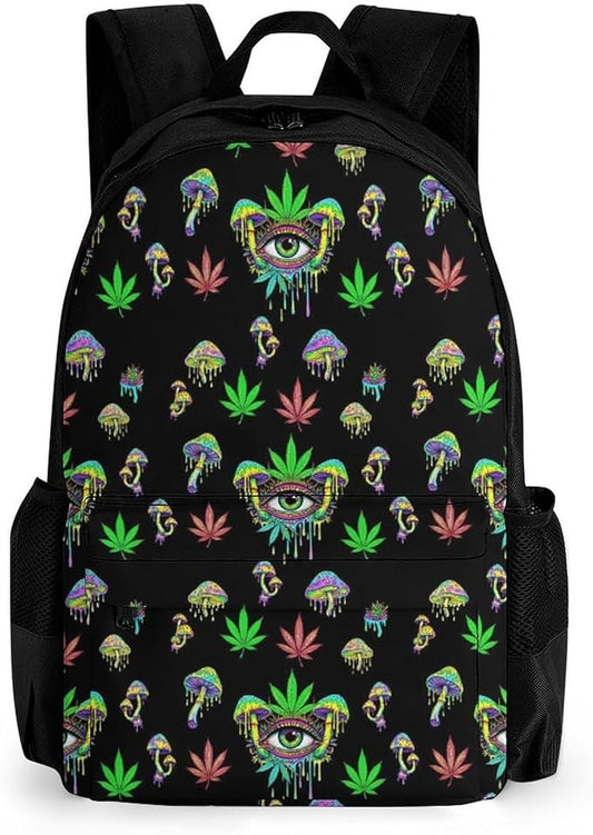Men Women Polyester Trippy Weedleaf Eyes Mushroom Casual Daypack Large Capacity Carry On Bag With Adjustable Shoulder Straps for Camping Work Running