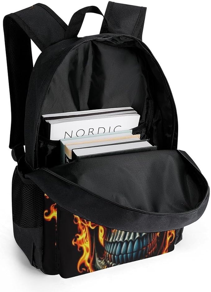 Men Women Lightweight Flaming Fire Skull Casual Daypack Big Capacity Bookbag With Padded Straps for Gym Travel Walking Cycling