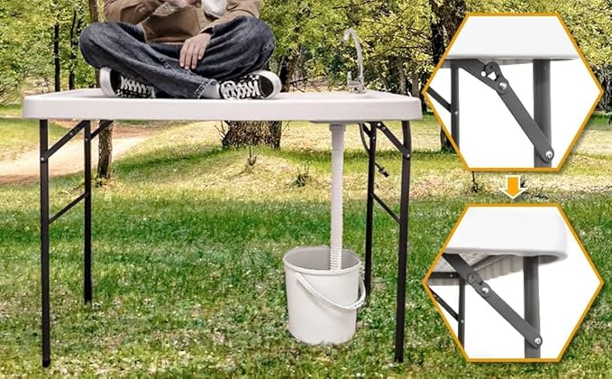 Fish Cleaning Table with Sink and Faucet, Folding Camping Sink Table for Dock Beach Patio Picnic