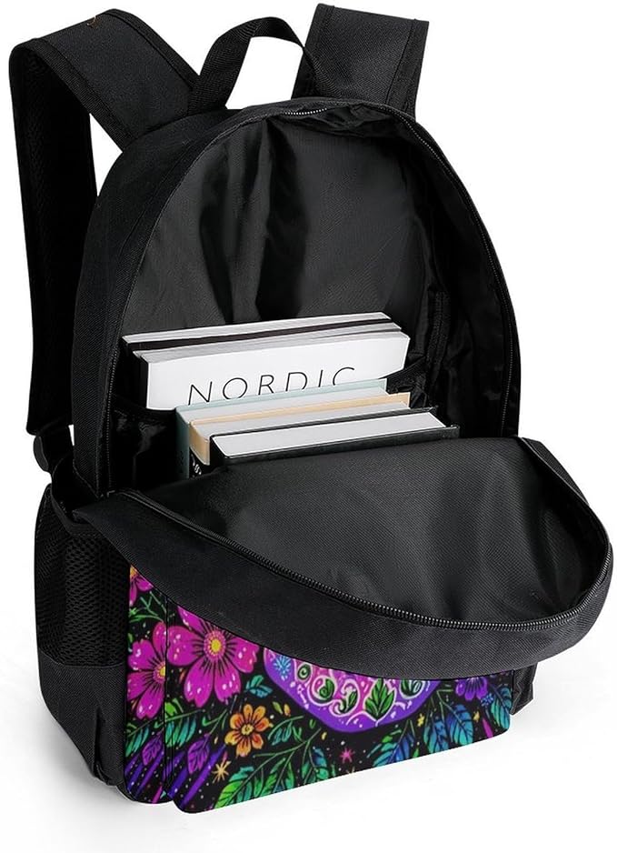 Rucksack Multipurpose Anti-Theft Big Capacity Shoulder Bag, Sugar Skull Flower Feathers Art Travel Hiking Camping Rucksack With Side Pockets