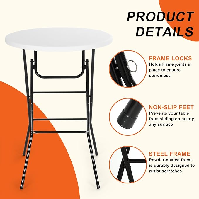 Nice C Plastic High Top Round Table, Portable Cocktail Bar Table with Detachable Legs, 31.5" Folding Tables, Waterproof Outdoor/Indoor Tables for Parties, Weddings, Camping, Backyard (White, 2 Pack)
