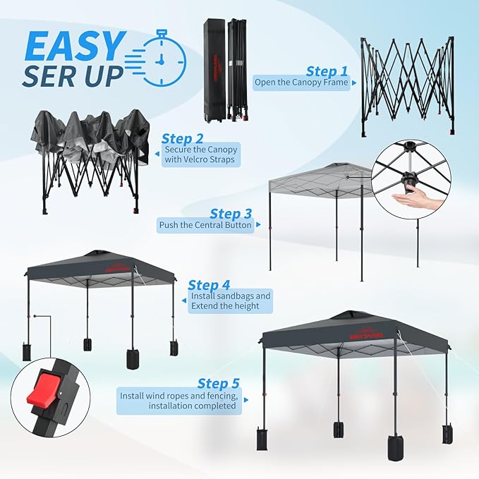 8x8 Pop Up Canopy, Easy Up Canopy Tent, Heavy Duty Tents for Parties, One Person Set Up Event Tent, Grey