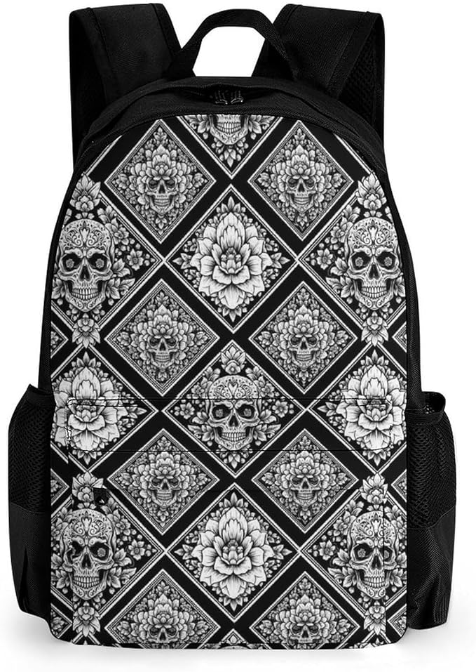 Men Women Polyester Flowers Dead Skull Head Black Casual Daypack Large Capacity Carry On Bag With Adjustable Shoulder Straps for Camping Work Running