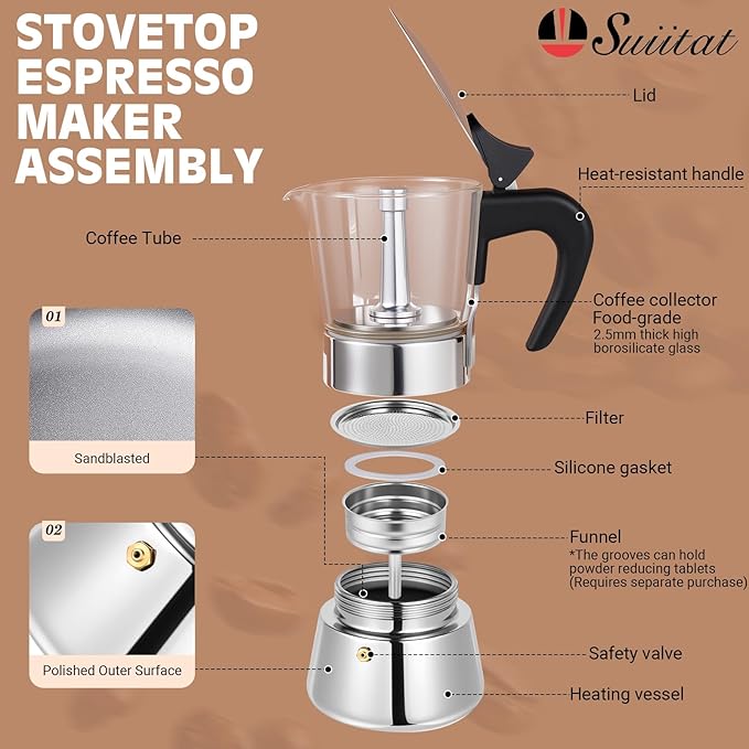 Induction Moka Pot, 6 Cups (10.6 oz) Crystal Glass-Top & Stainless Steel Moka Pot, Classic Stovetop Espresso Maker, Silver