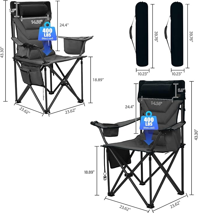 Oversized High-Back Camping Chairs with Pillow, Dual Cup Holders & Cooler Bag - Heavy Duty Foldable Outdoor Chair for Adults, Picnic, Fishing, Backyard, Sports (2, BlackGrey