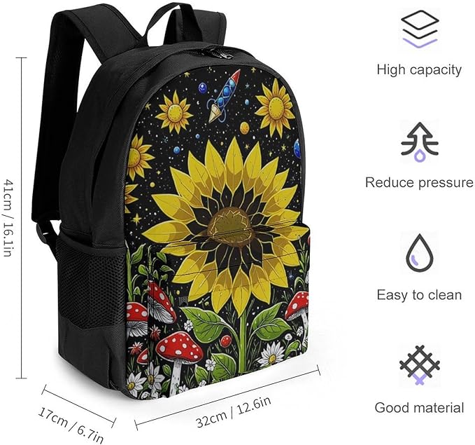 Supdreamc Men Women Lightweight Psychedelic Sunflower Mushroom Floral Art Daypack Bookbag Big Capacity Carry On Bag With Side Pockets for Camping Travel Bicycle