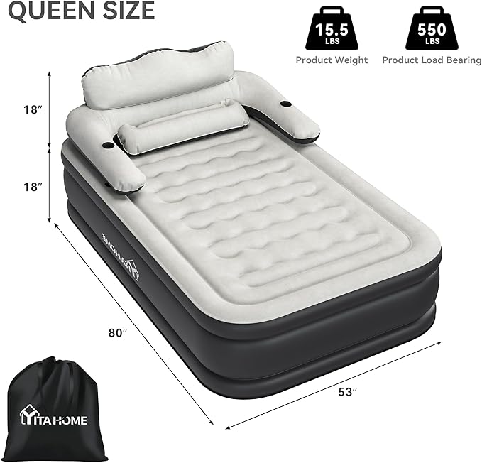 YITAHOME FullXL Size Air Mattress with Headboard, 18in Inflatable with Pillow, Blow Up Mattress with Removable Electric Pump, Comfort Air Bed Queen for Camping & Home, Black