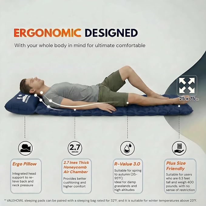 1.8 Pounds Ultralight Camping Sleeping Pad - R-Value 3.0 for 4 Seasons, Durable & 100% Waterproof Outdoor Air Mattress, Compact Sleeping Mat for Hiking, Backpacking, Travel