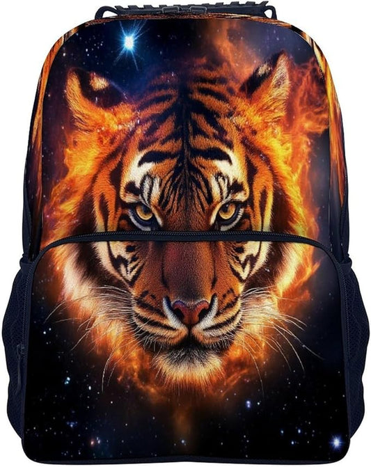 Polyester Daypack Backpack for Trekking Picnic Walking Cycling, Large Capacity Anti-Theft Multipurpose Shoulder Bag, Space Fire Flame Animal King Wild Angry Tiger Casual Daypack