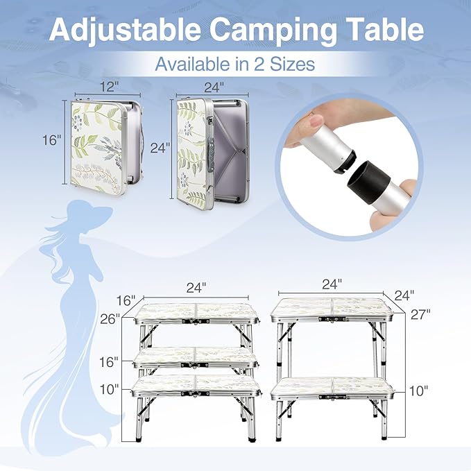 RedSwing Square Camping Table 2ft Portable Pinic Table Adjustable Height Small Card Table Aluminum Foldable Lightweight with Carry Handle for Outdoor Indoor Hiking Camp BBQ Beach