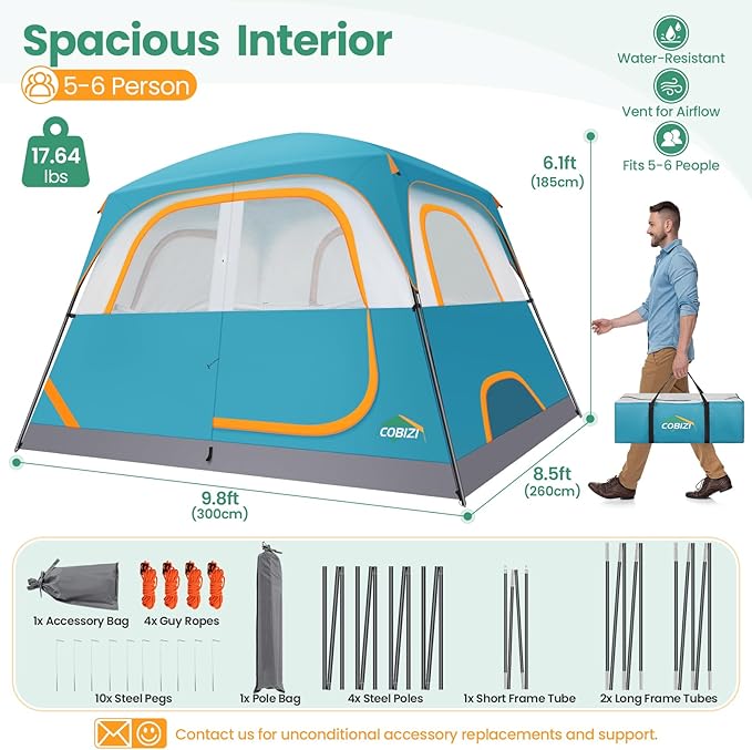 COBIZI 4-6-8-10 Person Camping Tent, Spacious Family Tents for Camping Ideal, Hiking, 3500mm Waterproof Double-Layer Windproof Tent for Hiking & Backpacking