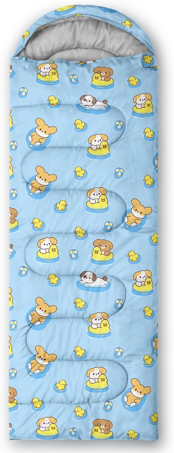 AILONEN Kawaii Puppy Sleeping Bag for Kids Boys Girls,Warm and Cool Weather,Lightweight,Waterproof Backpacking,Cartoon Cute Dog & Duck Animal Themed Blue Sleeping Bag for Camping