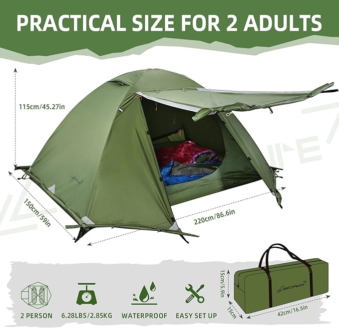 Clostnature Lightweight Backpacking Tent - 1/2 Person 4 Season Ultralight Waterproof Camping Tent, Large Size Easy Setup Tent for Winter, Cold Weather, Family, Outdoor, Hiking and Mountaineering