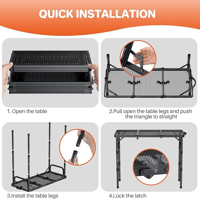 FUNYKICH 3ft Folding Grill Table for Outside 34.2''x15.7'', 3 Height Adjustable Portable Camping Tables, Lightweight Metal Aluminum Outdoor Table with Carry Handle for Camping, Picnic, BBQ, Black