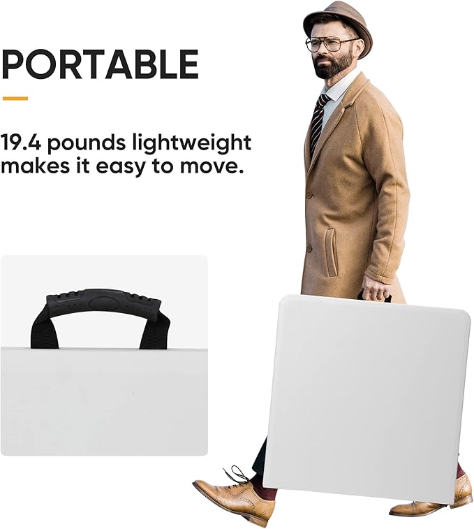 SUPER DEAL Portable 4 Foot Plastic Folding Table, Small Indoor Outdoor Heavy Duty Fold-in-Half Picnic Party Camping Barbecues Table with Carrying Handle, White