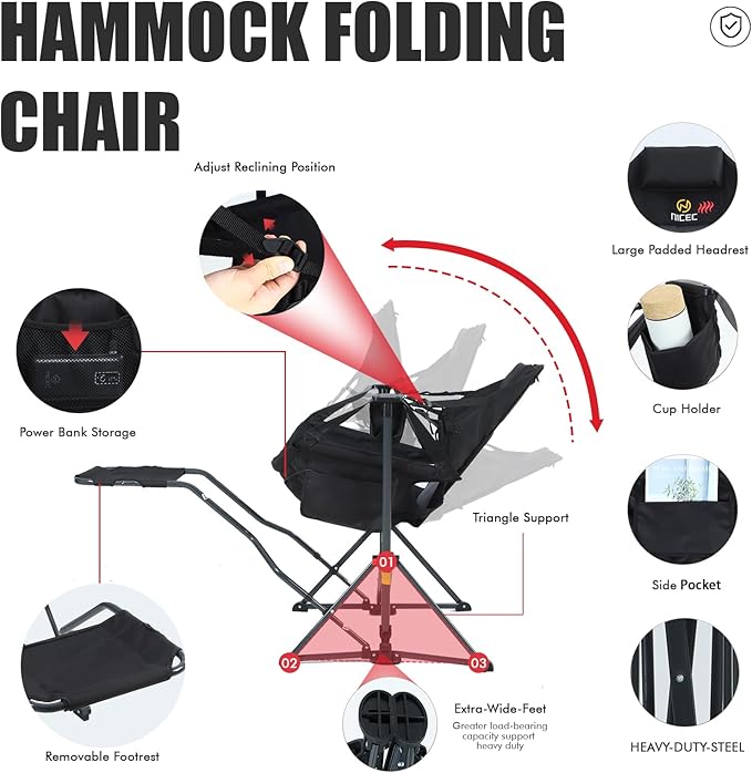Nice C Heated Hammock Camping Chair with Footrest, Heated Camping Chair with Battery, Rocking Swing Chairs, Hammock Chairs with Stand, Heavy Duty (1, Heat Black W/Footrest)