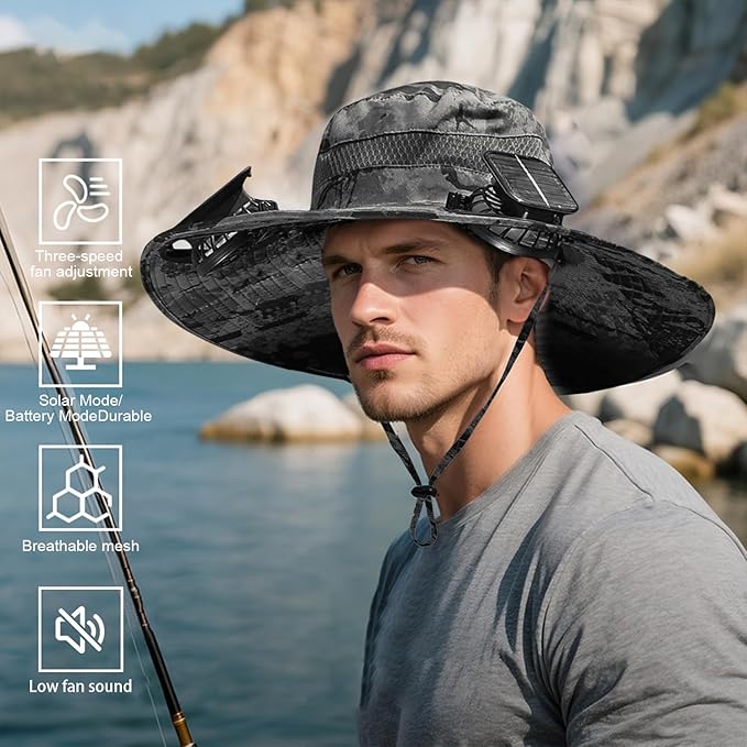 Outdoor Wide Brim Sun Hat with 2 Solar Powered Fan, Bucket Hat for Men Women, Fishing, Gardening & Beach Hat for Men