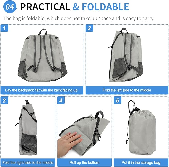 Hiking Backpack, 20L Packable Daypack for Men Women, Nylon with Adjustable Straps, Lightweight Waterproof Outdoor Camping Travel, Grey