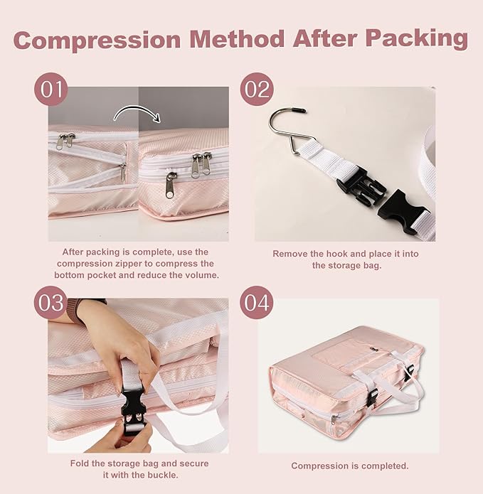 TABITORA Travel Clothes Organizer Portable Hanging Compression Packing Cubes Camp Organizer Travel Cases Suitcase Storage Large Capacity Carry On Closet (Pink)