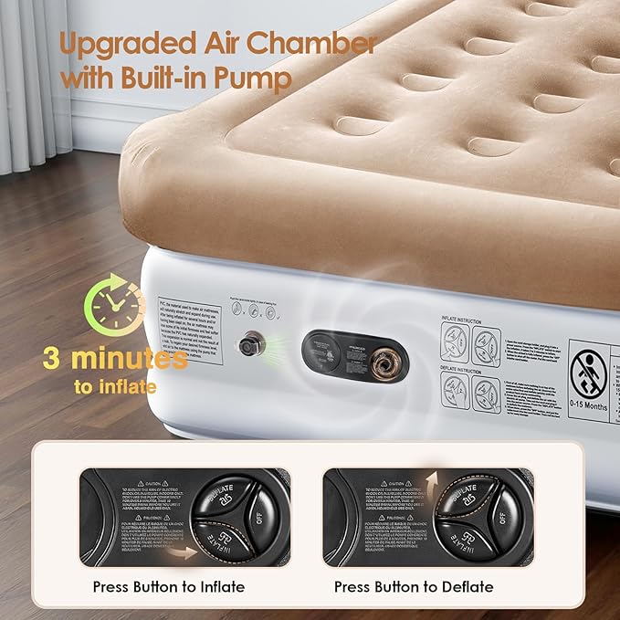 Air Mattress Queen with Built in Pump, 18'' Luxury Inflatable Mattress, 3 Min Fast Blow up Mattress with Dual-Chamber, Comfort Top - Velvety Air Bed for Home, Camping, Travel, Guests, White + Khaki