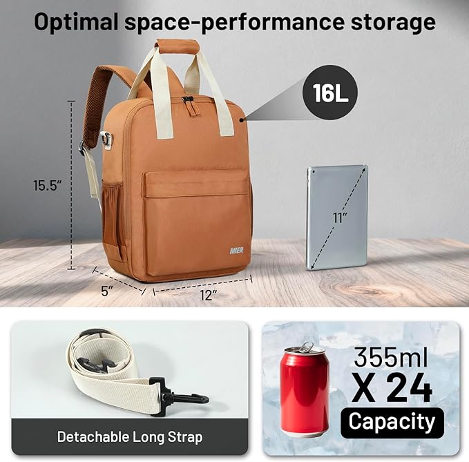 MIER Backpack Cooler 24 Cans Insulated Double Deck Soft Coolers Bag Lightweight Lunch Back Pack Women Men for Beach Travel Work Fishing, Brown