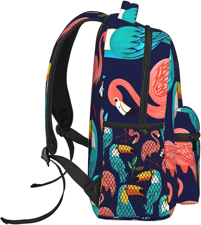 Polyester Daypack Backpack for Climbing Outdoors Running, Big Capacity Multipurpose Anti-Theft Bookbag, Exotic Birds Parrot Flamingo Art Travel Hiking Camping Rucksack