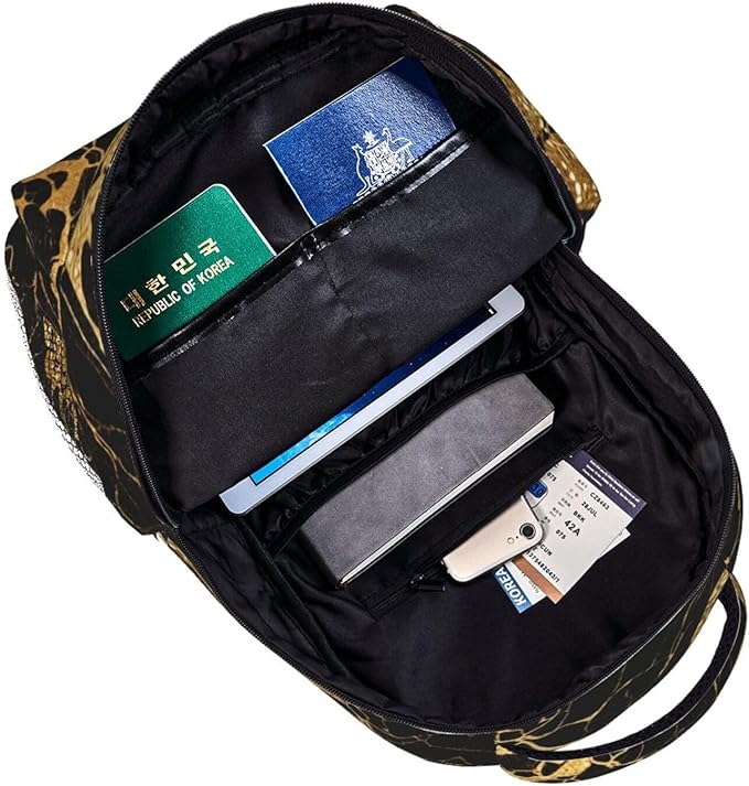 Men Women Lightweight Black Marble Gold Texture Art Casual Daypack Large Capacity Bookbag With Adjustable Shoulder Straps for Gym Business Bicycle