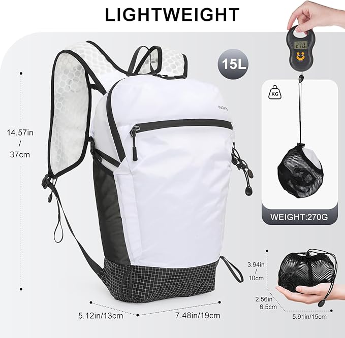 IX INOXTO Hiking Backpack 15L/22L Ultra Lightweight Packable Travel Backpack Small Waterproof Foldable Outdoor Day Pack with Two 500ML soft flasks for Men Women (White)