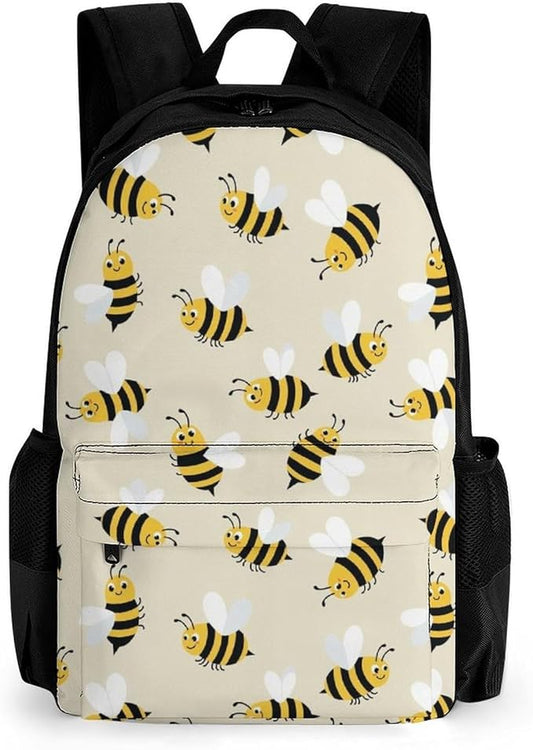 Polyester Daypack Backpack for Sports Travel Running, Big Capacity Anti-Theft Multipurpose Carry On Bag, Cute Bee Pattern Laptop Book Bag Rucksack