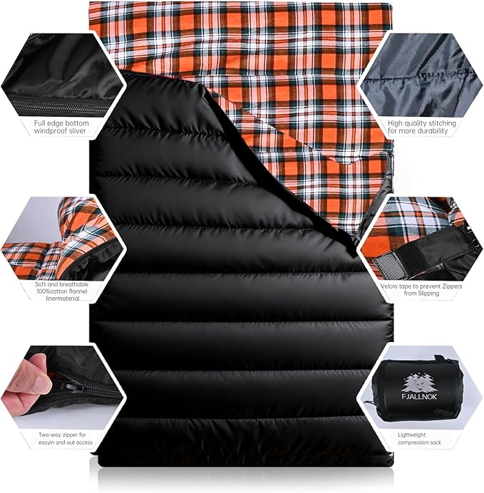Double Sleeping Bag Cotton Flannel for Camping, Backpacking Or Hiking. Waterproof Queen Size Two Person Sleeping Bags for Adults Or Teens. Lightweight with Compression Sack