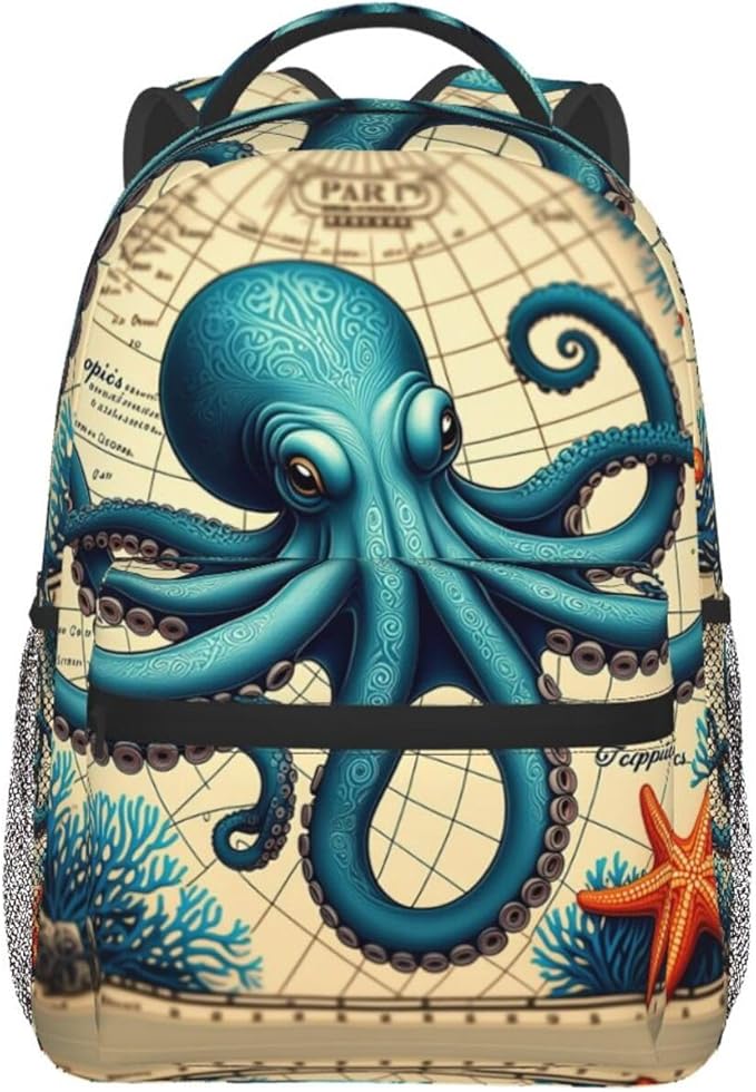 Rucksack Anti-Theft Multipurpose Big Capacity Carry On Bag, Retro Octopus Art Traveling Camping Backpack With Side Pockets