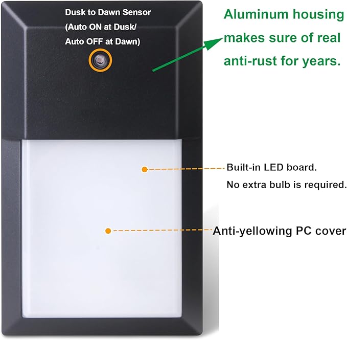 LIT-PaTH Dusk to Dawn Outdoor Wall Lantern, LED Wall Sconce for Porch Lighting Fixture, 3000K 12W 1000 Lumens, Aluminum Housing Plus PC, Black Finish, 1-Pack
