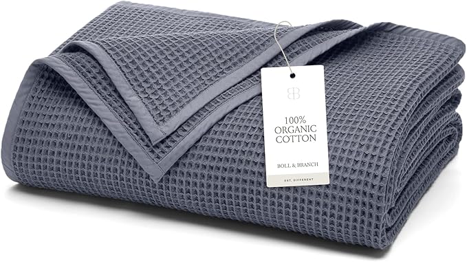 BOLL & BRANCH Waffle Bed Blanket - King/Cal King, Mineral - Luxury 100% Organic Cotton - Soft, Lightweight and Breathable - Textured Waffle Weave