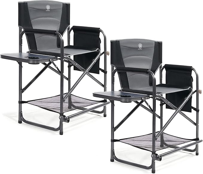 EVER ADVANCED 2 Piece Medium Tall Directors Chair Foldable Makeup Artist Chair Bar Height with Side Table Cup Holder and Pocket Footrest, Supports 400LBS Grey, Seat Height: 23.2 inches