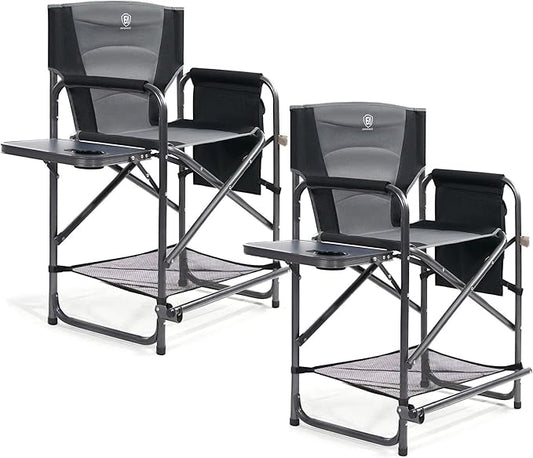 EVER ADVANCED 2 Piece Medium Tall Directors Chair Foldable Makeup Artist Chair Bar Height with Side Table Cup Holder and Pocket Footrest, Supports 400LBS Grey, Seat Height: 23.2 inches